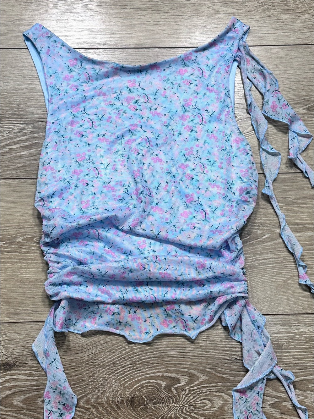 Lush Mesh Ditsy Floral Ruched Tank Top Ruffled - Picture 6 of 14